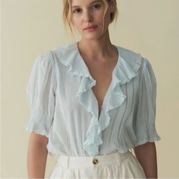 Doen NWT Medium Henri Ruffle Cotton Blouse in Alice Blue - Picture 6 of 14